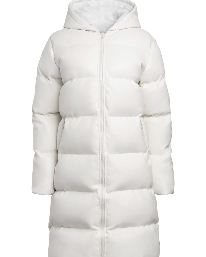 Front of a size 4X White Faux Leather Puffer Coat in White by Hilary MacMillan. | dia_product_style_image_id:318691